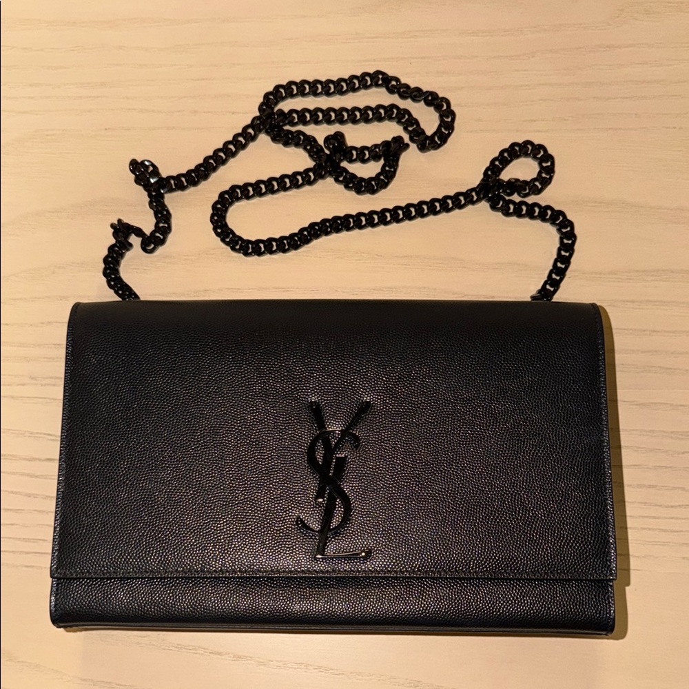 Saint Laurent Black Textured Leather Chain Wallet